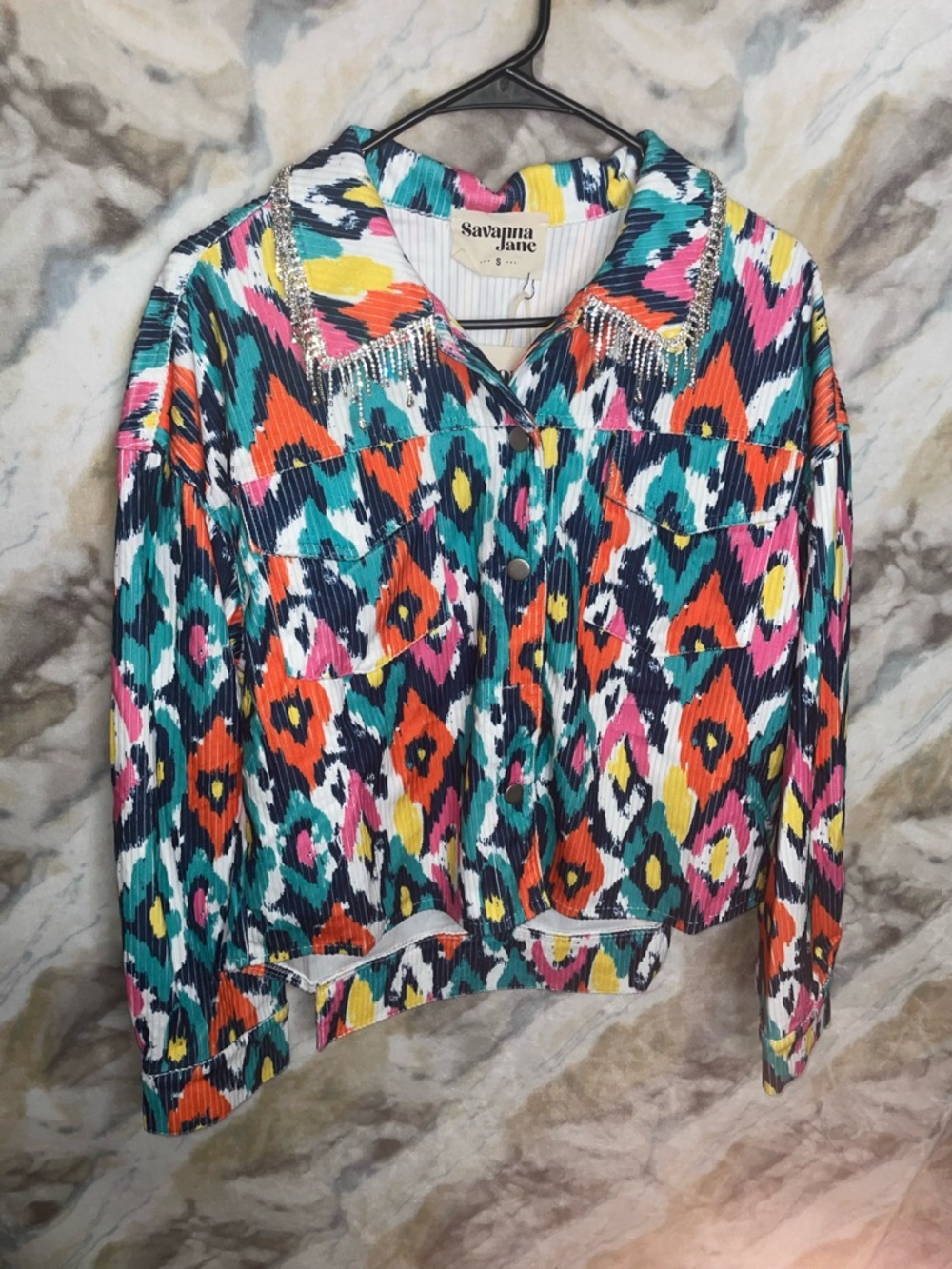 Savanna Jane Multicolor Printed Button-Down Shirt Jacket with Rhinestone Trim